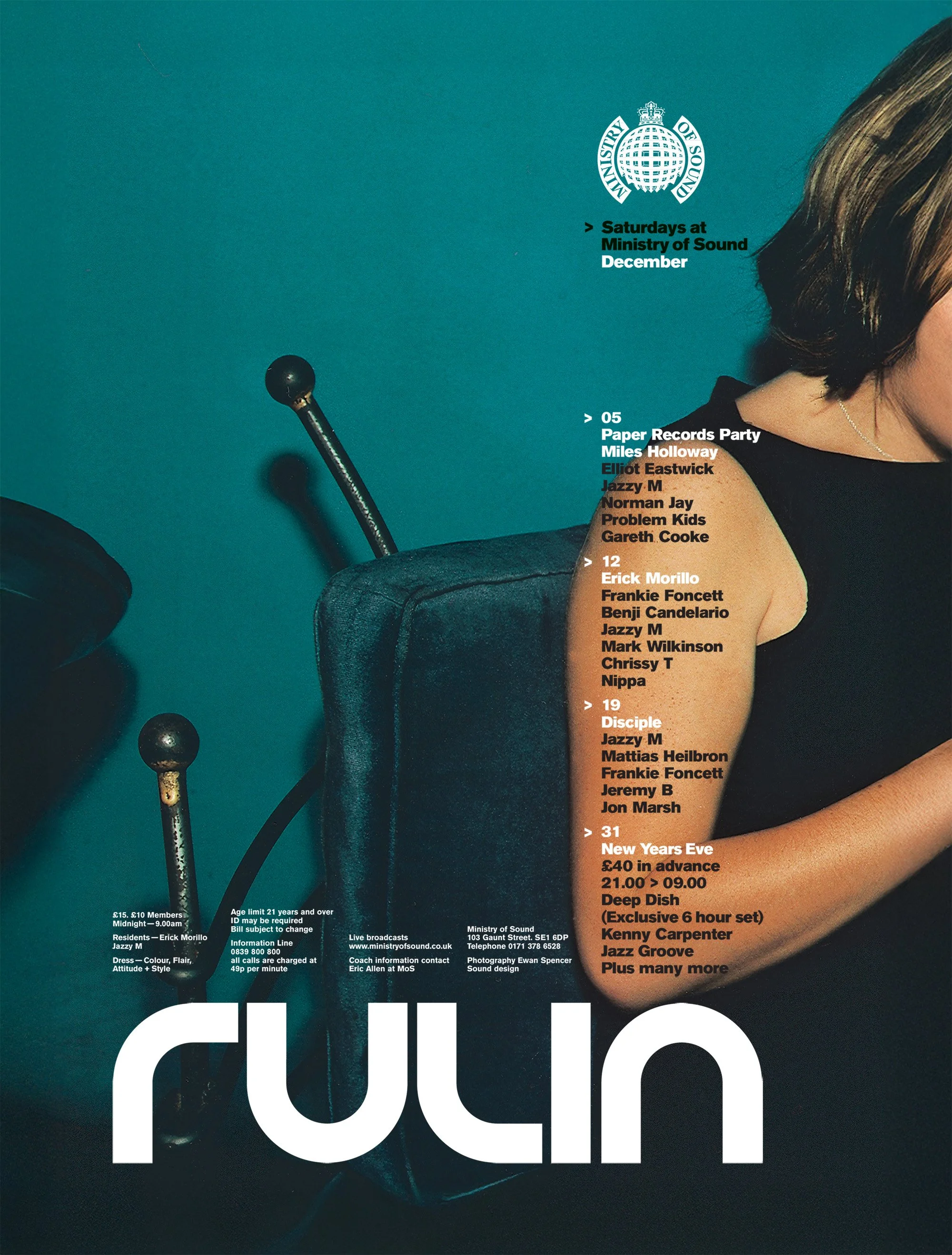 A poster for events at the Ministry of Sound featuring a teal background, some text about event dates, performers, and ticket info, and part of a person with shoulder-length hair wearing a black top.