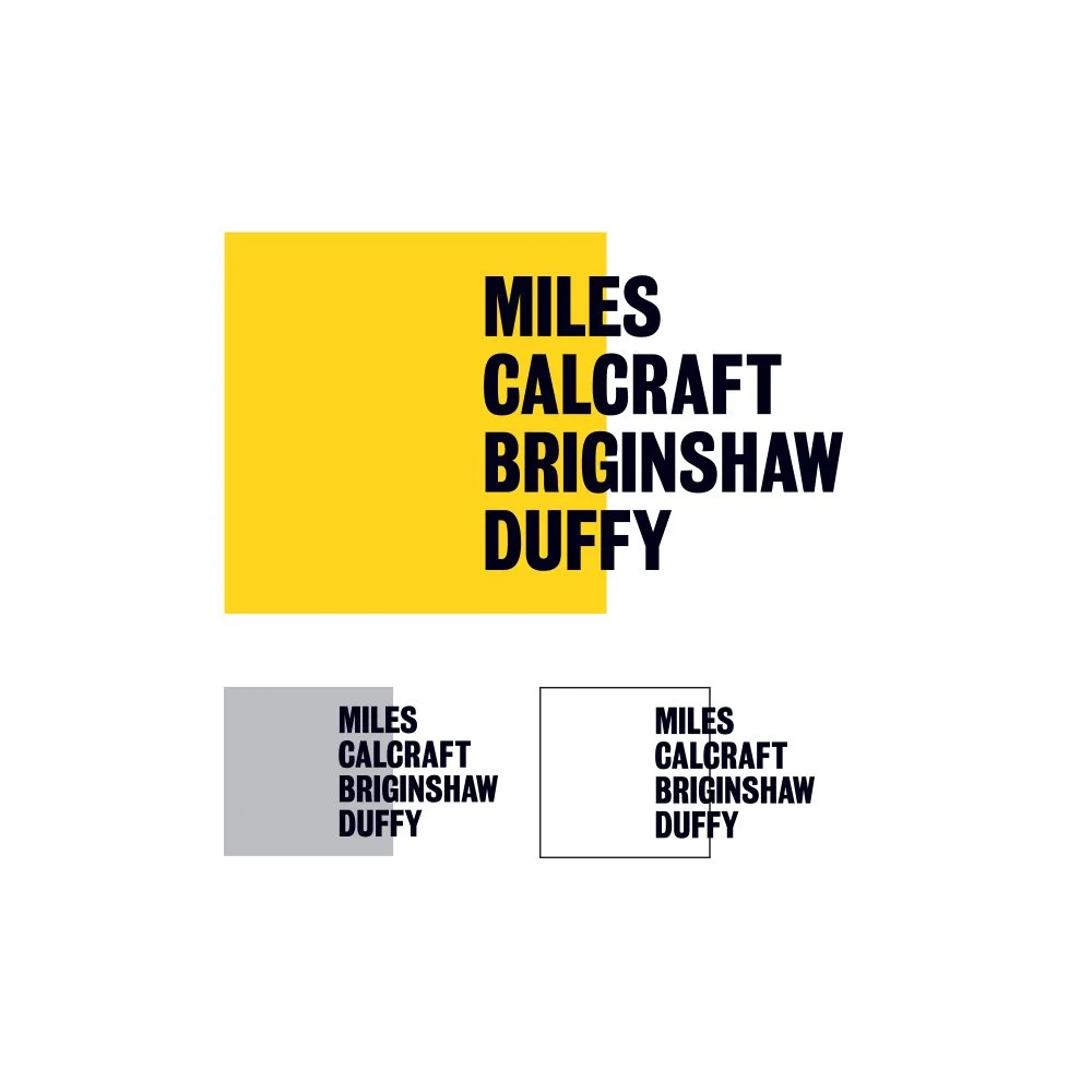 Graphic with yellow square background and black text listing names: Miles, Calcraft, Brighshaw, Duffy, with some placement variations