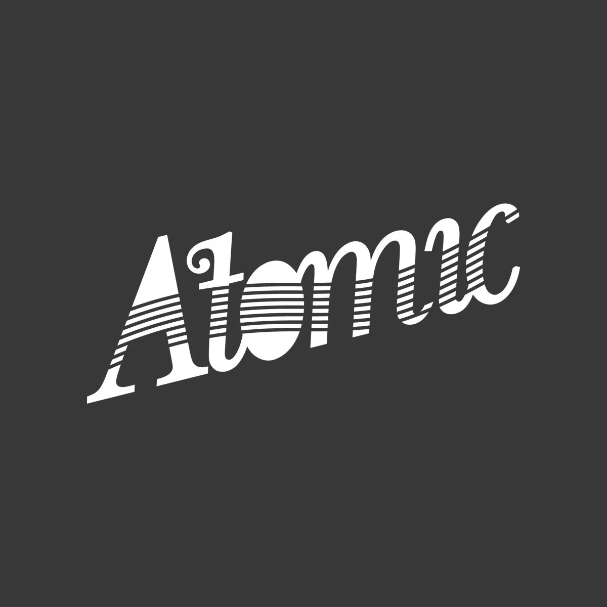 The word 'Atomic' written in white with striped pattern on a gray background.