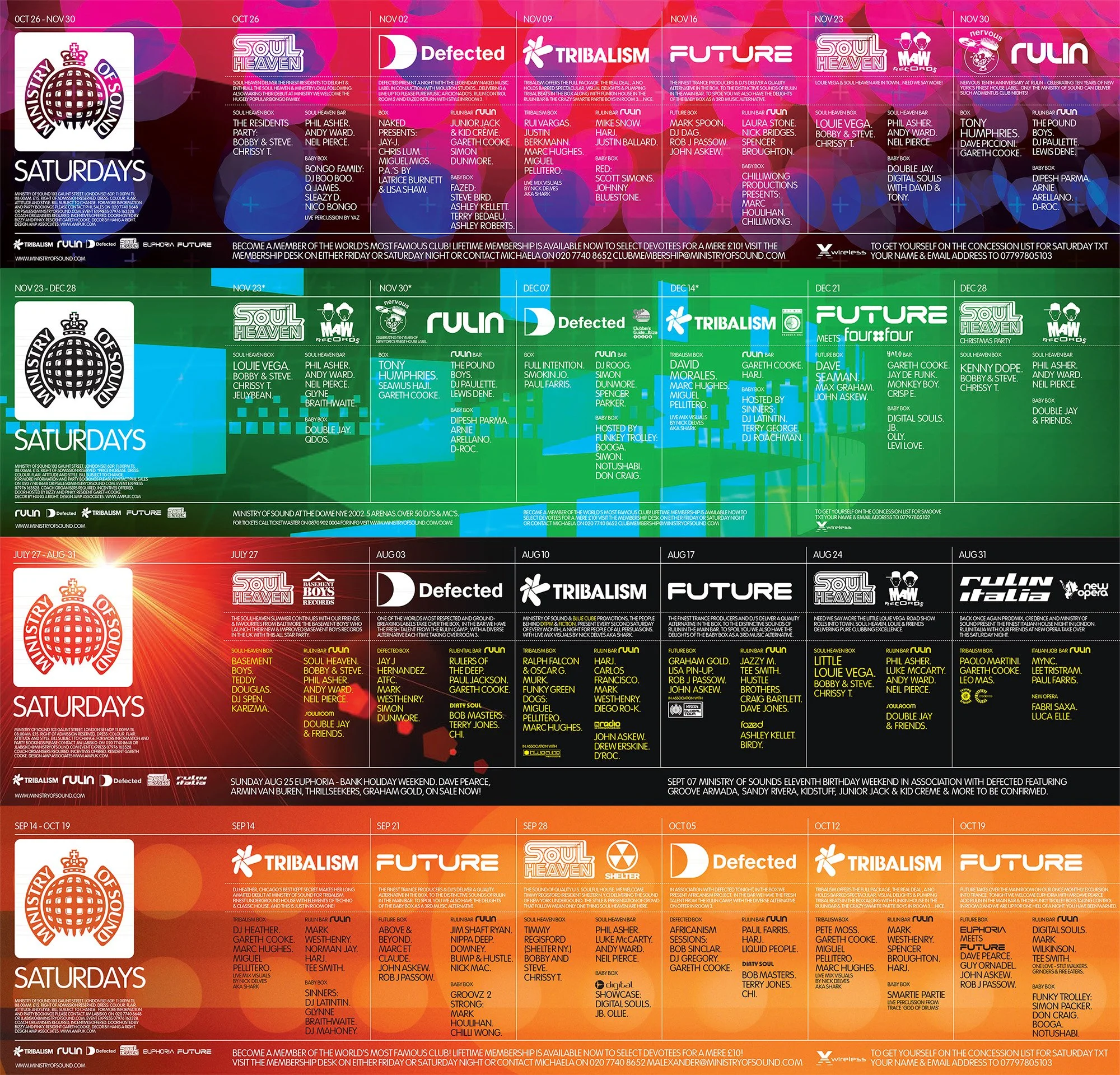 A vibrant schedule poster for Ministry of Sound with multiple weekly event lineups, dates, and DJ lineups, organized into colorful horizontal sections for different months, featuring logos and detailed event information.