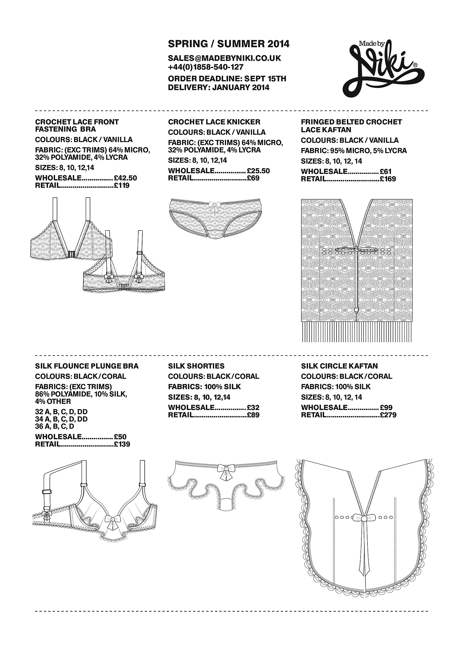 Spring/Summer 2014 lingerie catalog page showing six different lingerie items with descriptions, prices, and sketches.