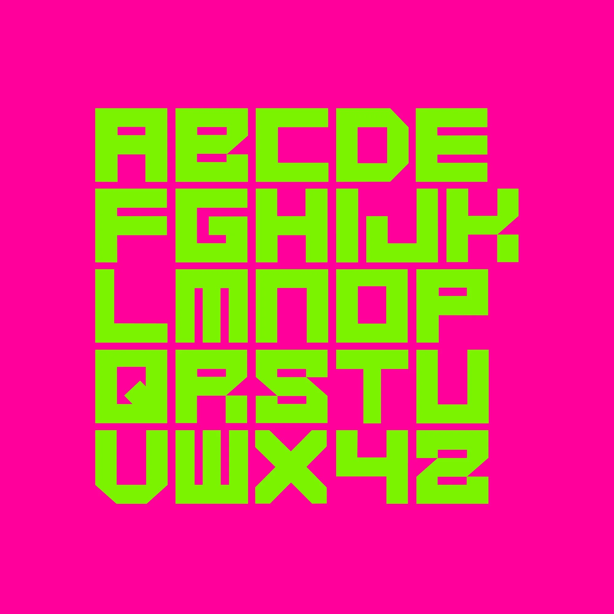 Colorful, blocky alphabet and numbers grid on bright pink background, with green characters.