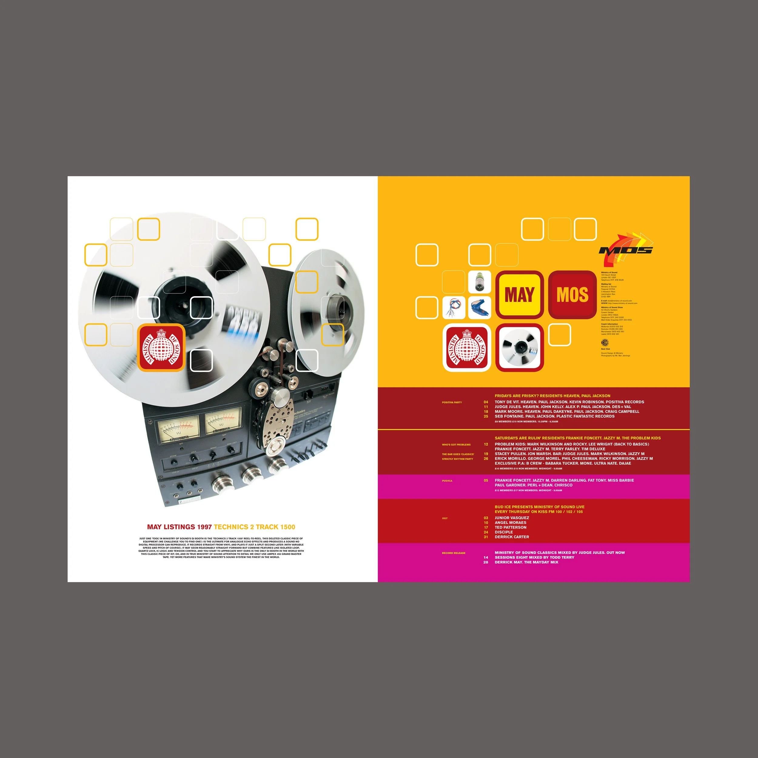 A promotional flyer for May listings of 1997 Technics 2 Track 1500 audio equipment, featuring a large reel-to-reel tape recorder on the left side and event schedule on the right side with colorful blocks and text.