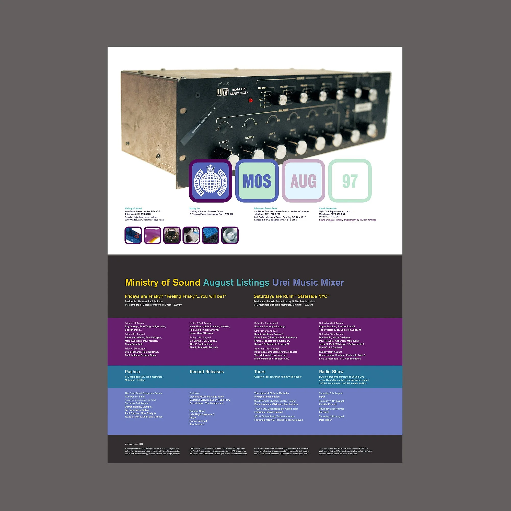 A flyer for the Ministry of Sound featuring an image of a music mixer, event schedule, and contact information.