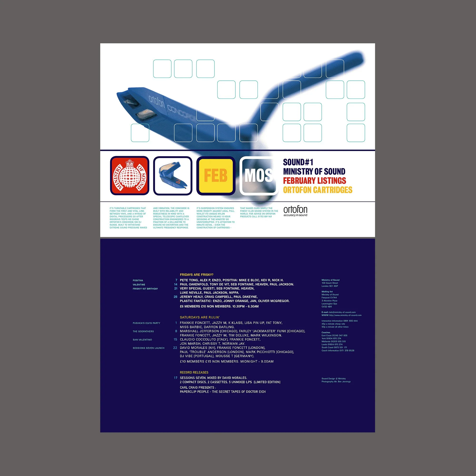 Poster advertising Ortofon phono cartridges, featuring a large image of a blue cartridge at the top, with logos, text, and event listings below on a dark blue background.