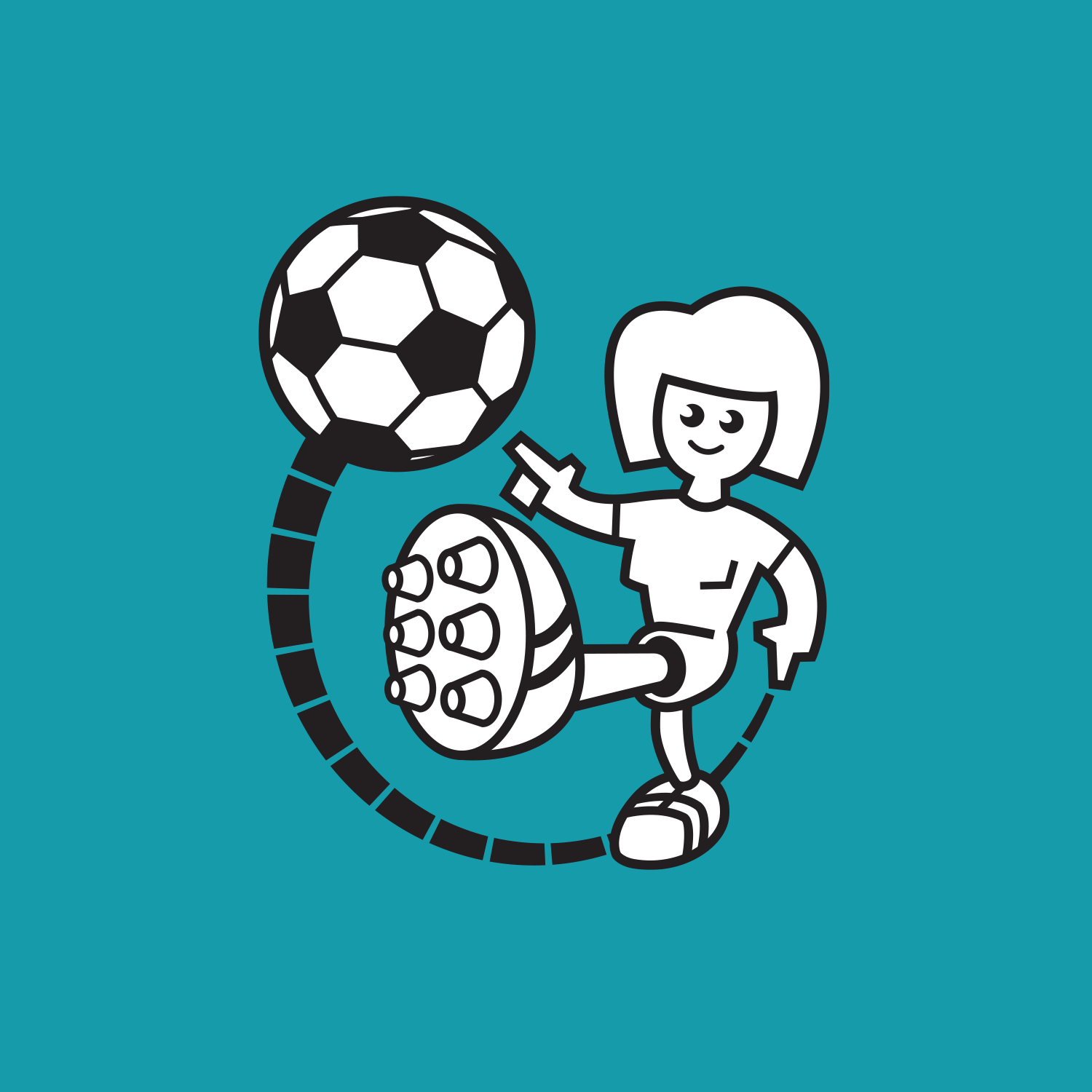 Cartoon girl playing soccer with a soccer ball, depicted with a smile on a teal background.