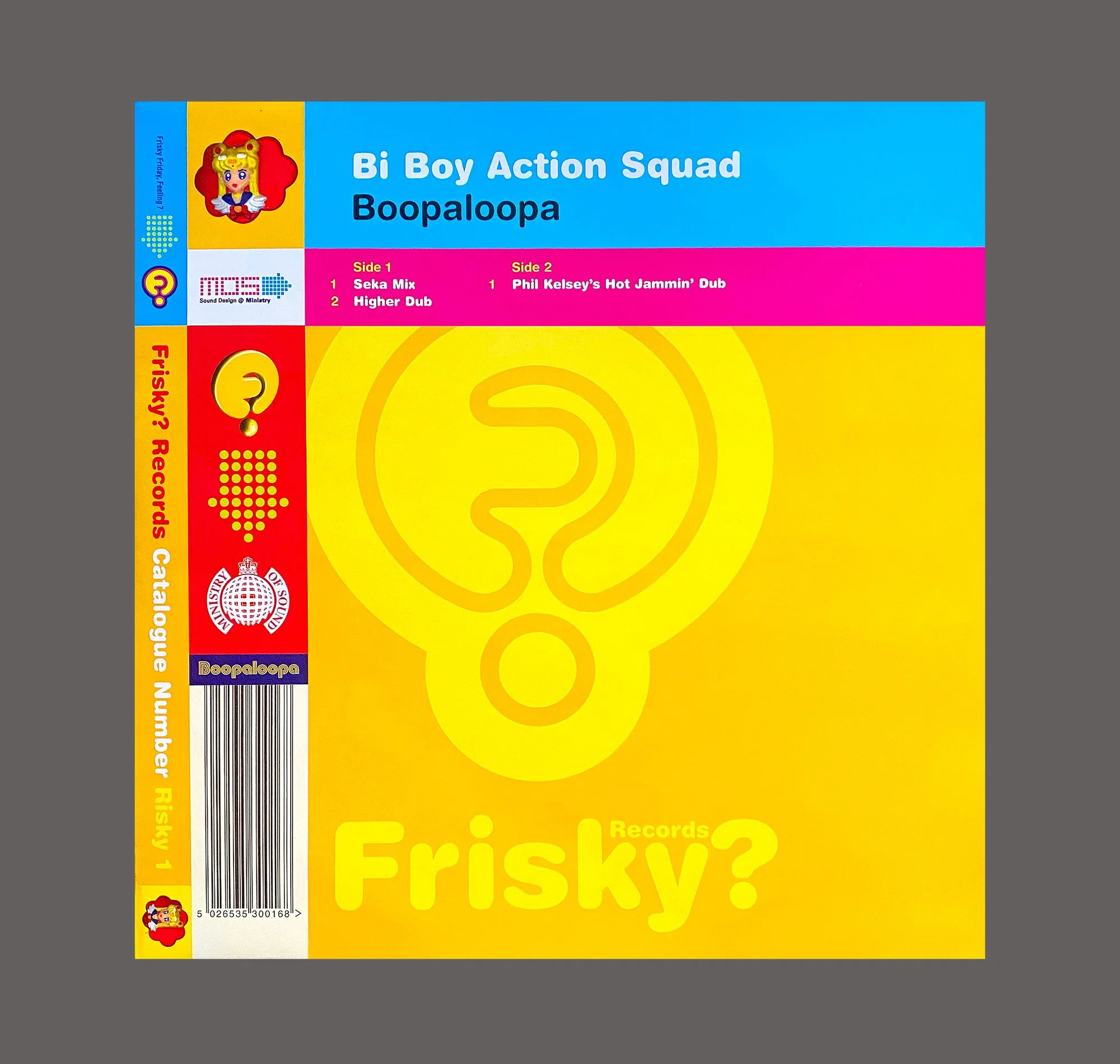 Yellow record cover for Bi Boy Action Squad's single 'Boopalopa' featuring a large question mark design in the center, with text about track listings, record label, and colorful branding elements.