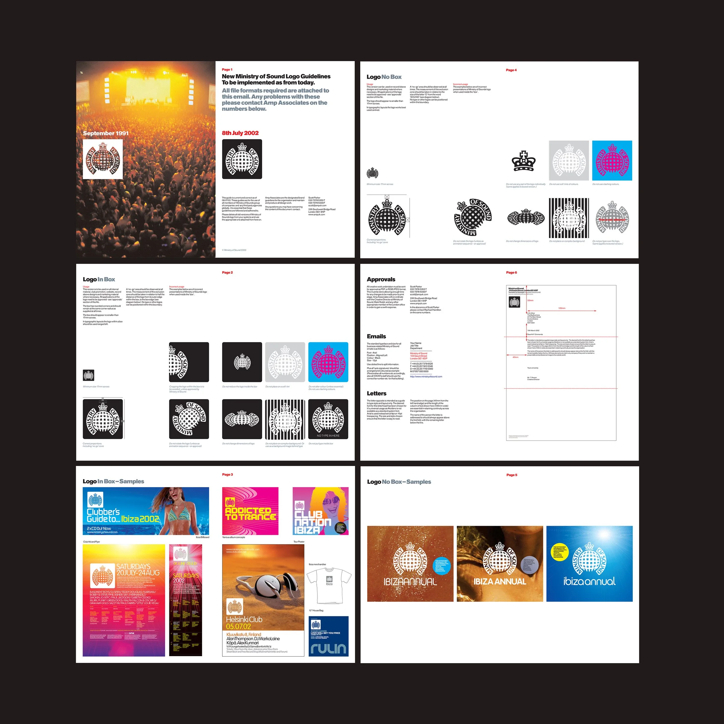 Compilation of eight pages showcasing various logo designs, branding layouts, event posters, and promotional materials, including nightclub flyers, music event promotions, and branding samples for Ibiza annual events.