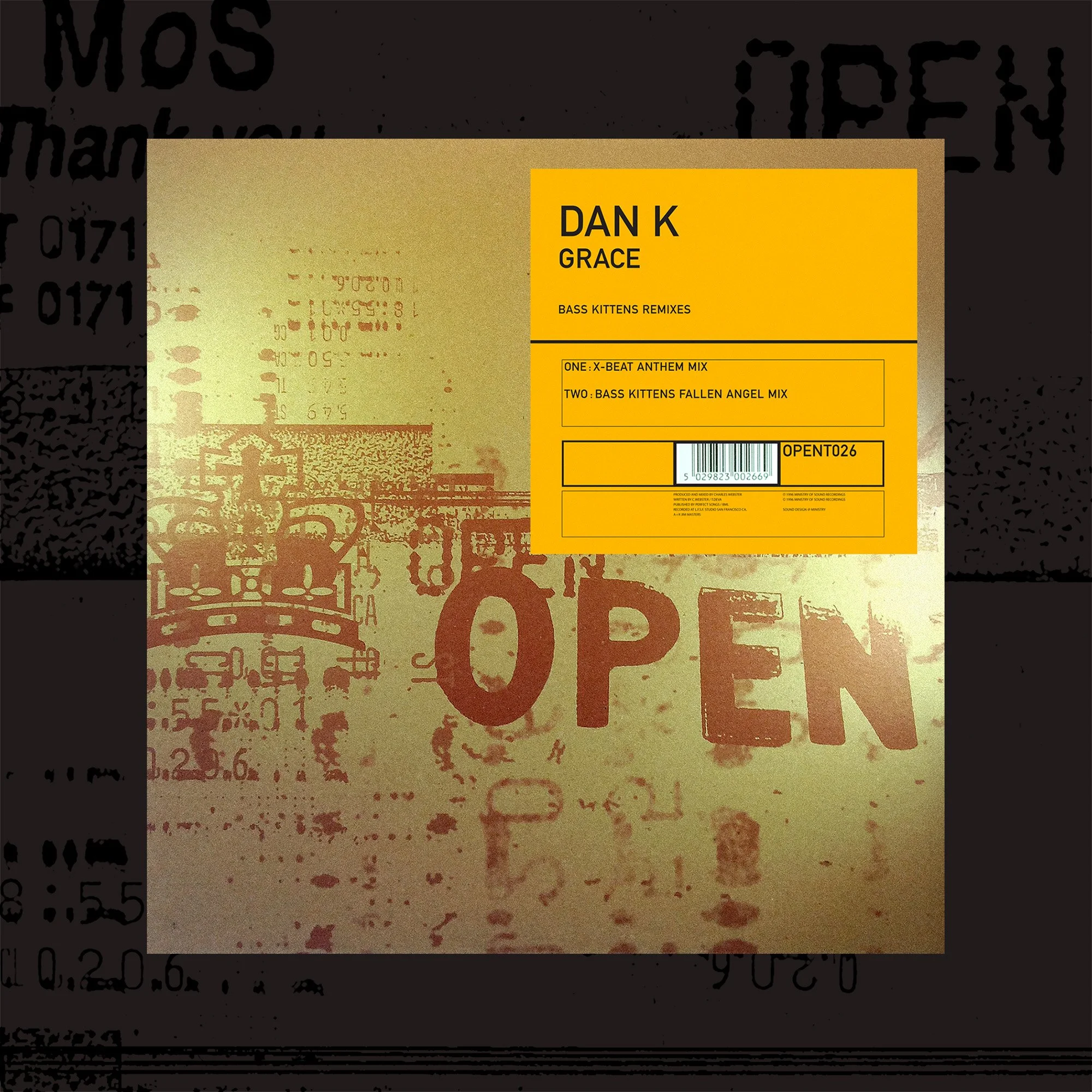Album cover featuring yellow and brown colors with black text, showcasing the artist name 'Dan K' and title 'Grace,' with remixes listed and a barcode at the bottom.