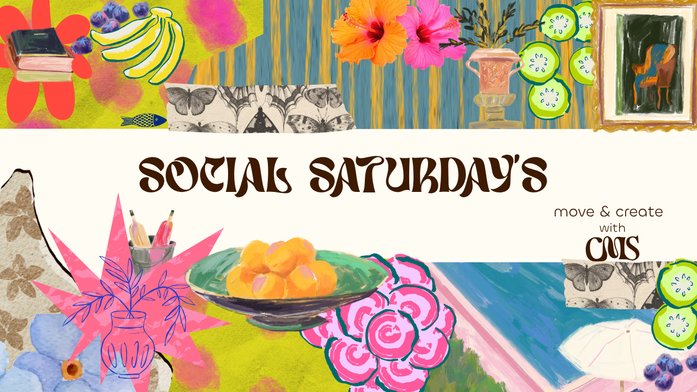 Colorful collage of illustrations including books, bananas, blueberries, flowers, a fish, a butterfly, a portrait, a bowl of oranges, pink roses, cucumber slices, a vase, and umbrella, with text advertising a social Saturday event.
