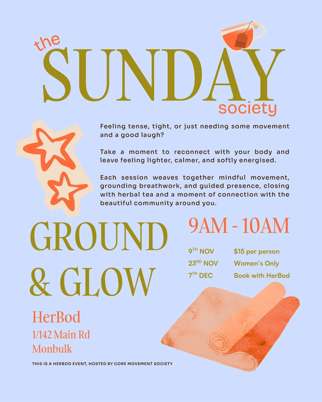 This isn&rsquo;t your average Sunday stretch&hellip;
It&rsquo;s a morning to move, laugh, breathe, and shake off the week.

Join me for The Sunday Society: Ground &amp; Glow &mdash; a mix of mindful movement, grounding breathwork, and calm connection