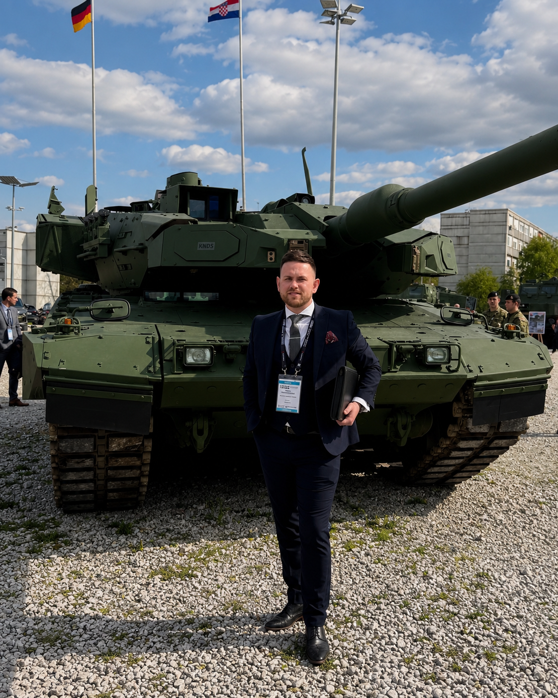 A man in a suit standing in front of a tank at the ASDA convention in Croatia