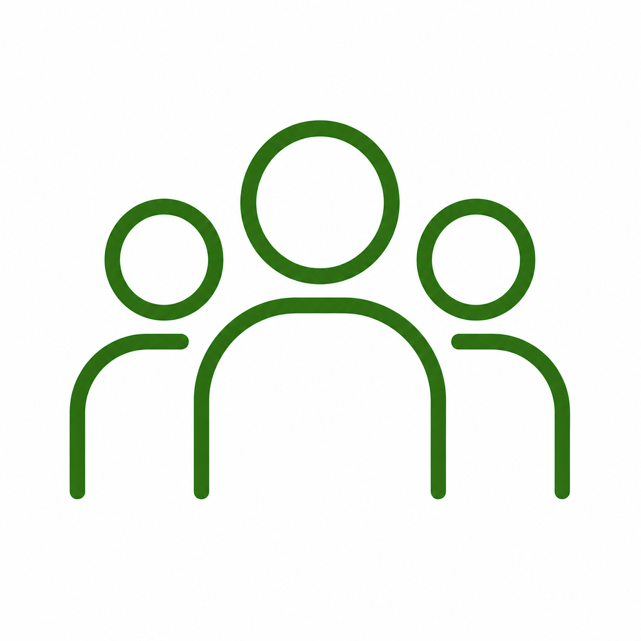 Outline graphic of three people, with the largest in the center and two smaller figures on either side, all in green. - Showing partnership.