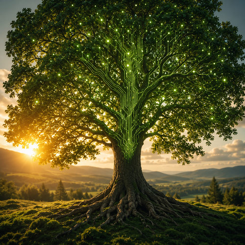 A large tree with visible circuit-like digital lines on the trunk and branches, set in a landscape at sunset.
