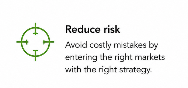 A graphic with a green target icon on the left and the text 'Reduce risk. Avoid costly mistakes by entering the right markets with the right strategy'.
