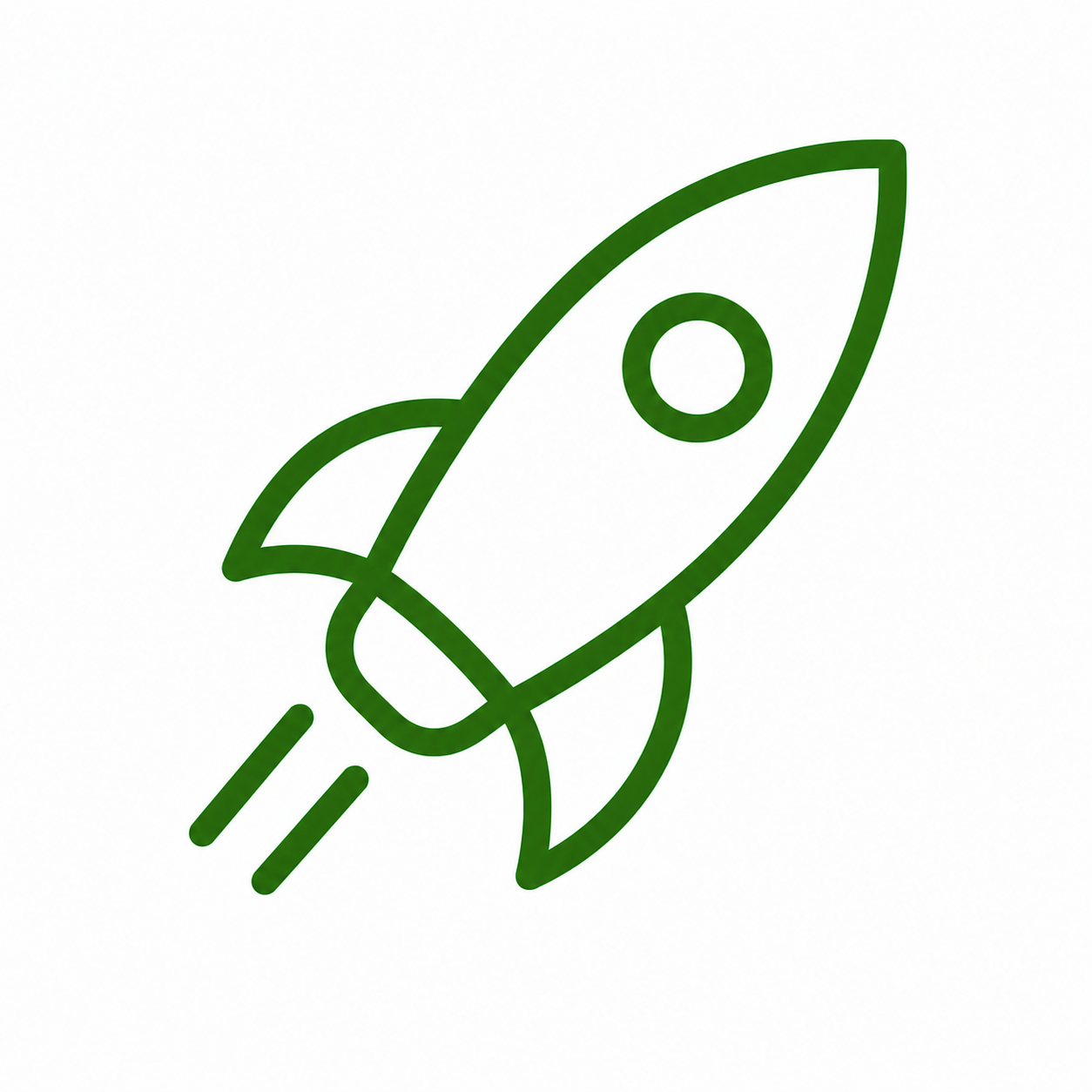 Green outline illustration of a rocket ship launching, with smoke trails, on a white background.