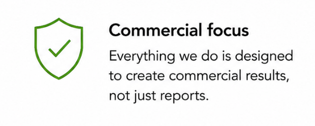 Green shield icon with checkmark next to the text 'Commercial focus' and a message about creating commercial results.