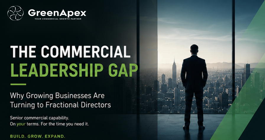 The Commercial Leadership Gap. Man standing looking at new york skyline. Fractional Commercial Directors
