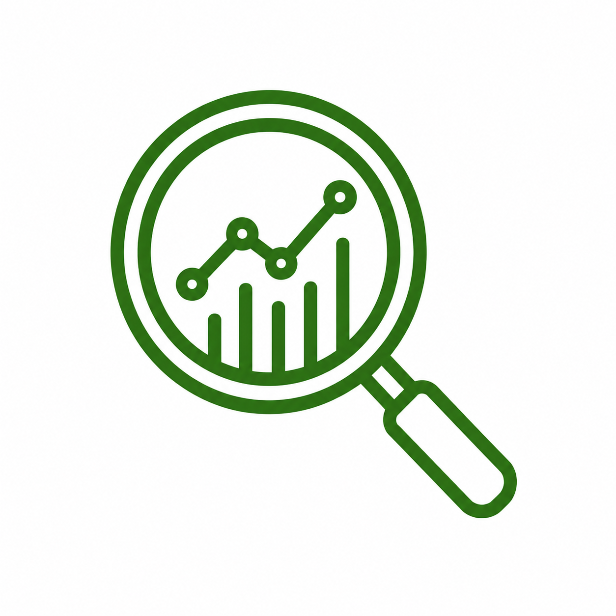 Green outline of a magnifying glass with a bar chart and line graph inside.