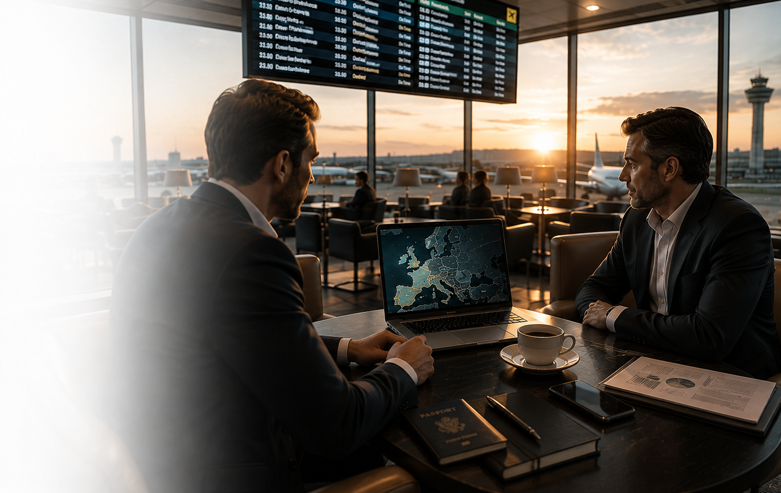 Two men in suits having a conversation at an airport lounge, with a window showing airplanes and a sunset in the background. A laptop displaying a map is on the table, along with a coffee cup, a passport, and papers.