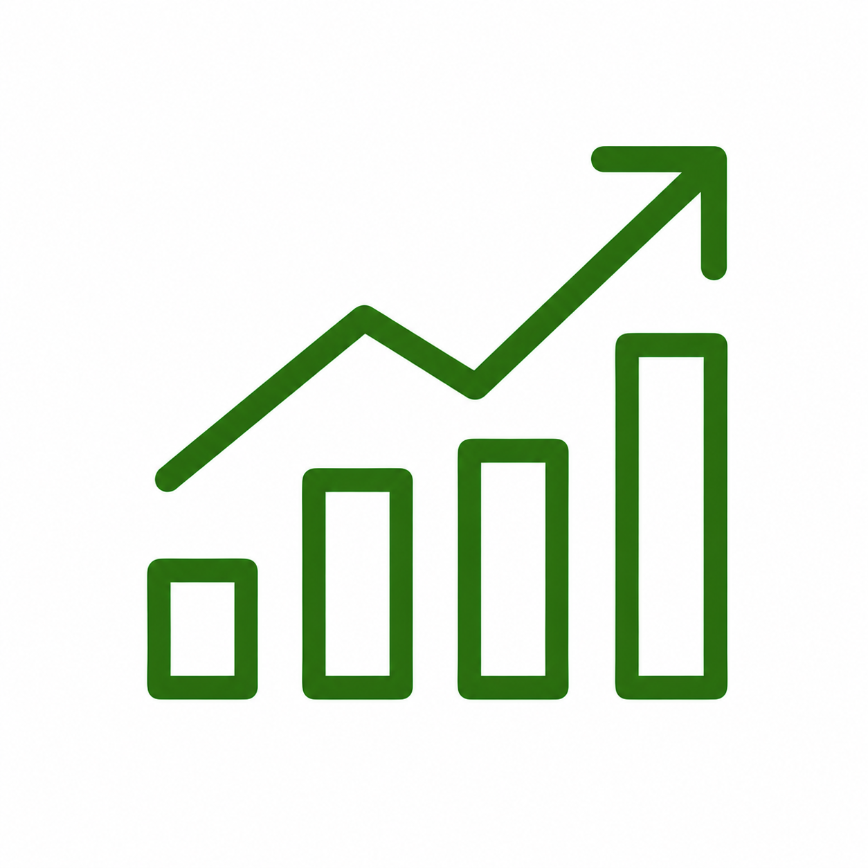 Green bar graph showing increasing trend with an upward arrow.