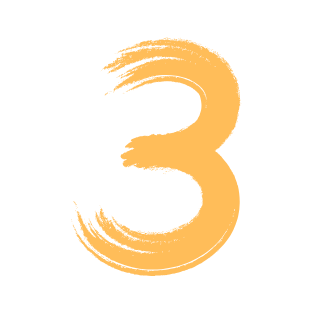 Große, orangene Zahl 3 mit Pinselstrichen auf schwarzem Hintergrund.
