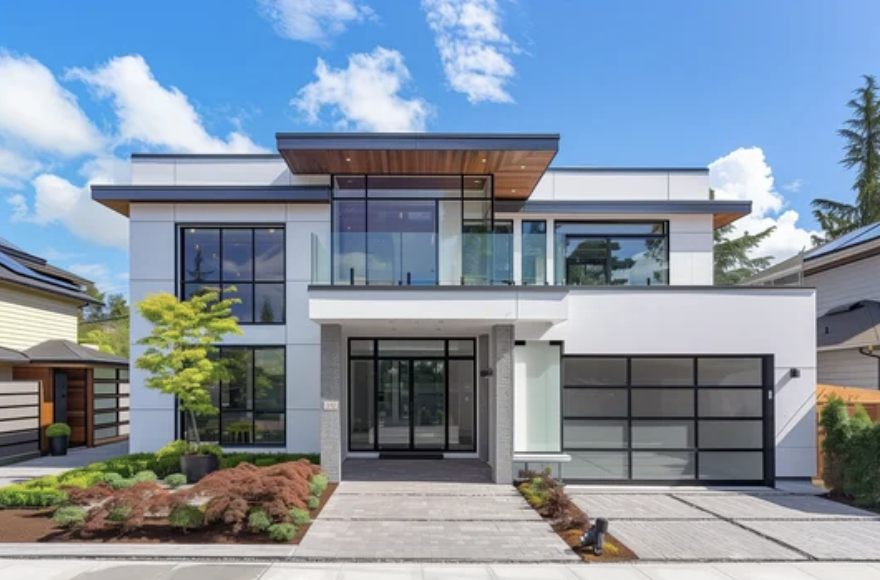 Moderne zweistöckige weiße Villa mit großen Fenstern, Balkon und gepflegtem Garten vor blauem Himmel.