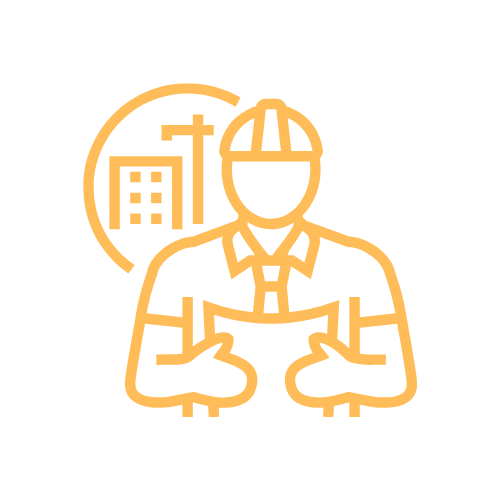 Icon eines Bauarbeiters mit Helm, der eine Baukarte hält, vor einem Gebäude und einem Baukran.