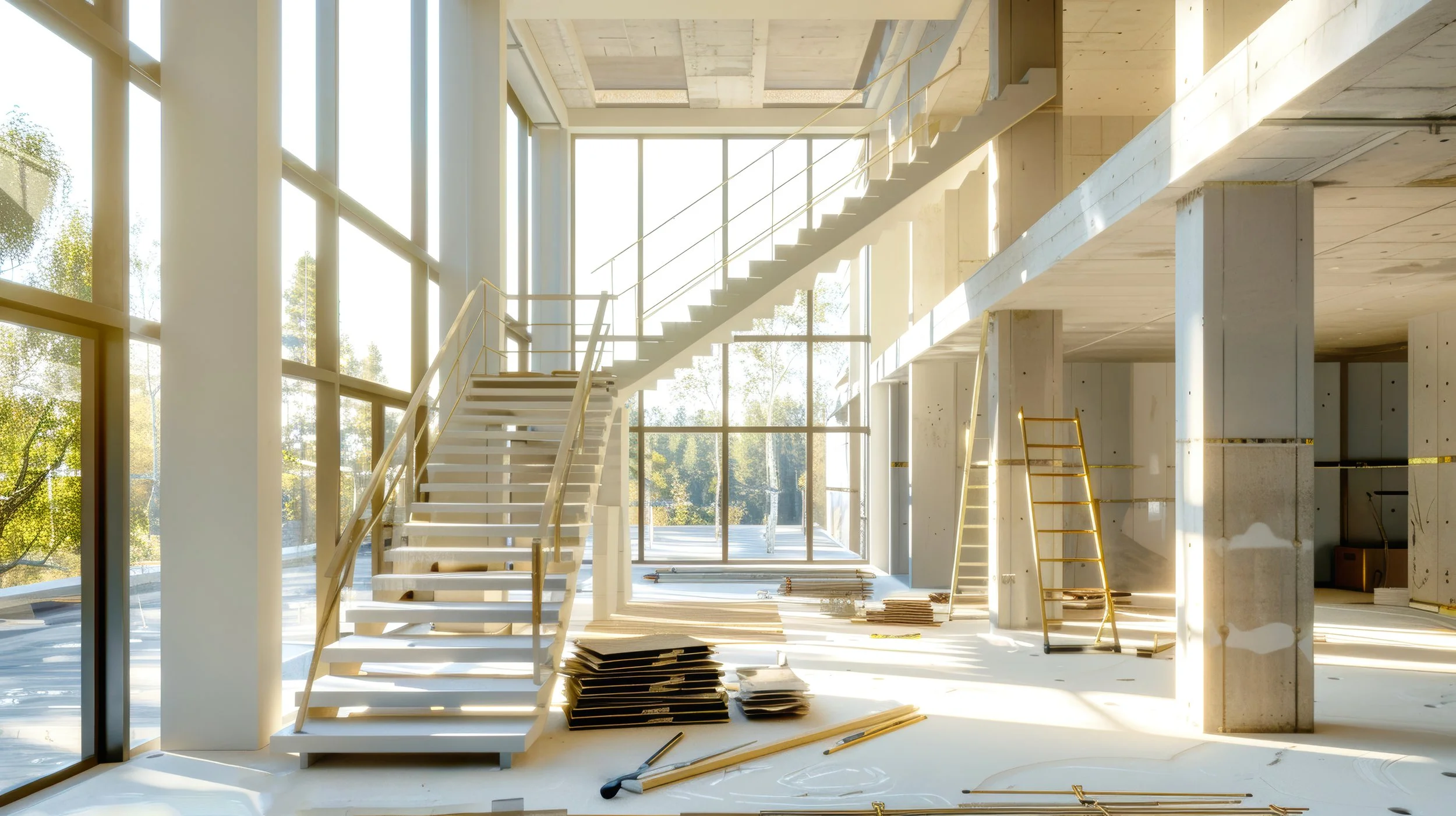 Innenansicht eines im Bau befindlichen modernen Gebäudes mit großen Fenstern, einer Holztreppe und Bauwerkzeugen auf dem Boden.