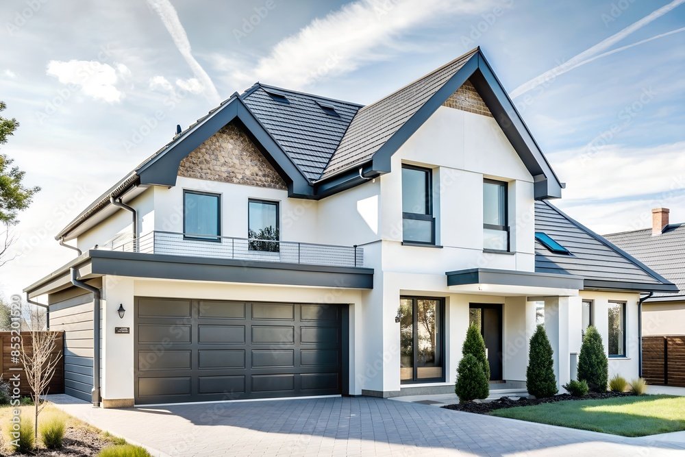 Modernes zweistöckiges Haus mit weißer Fassade, grauem Dach und großen Fenstern, Gärten und Einfahrt