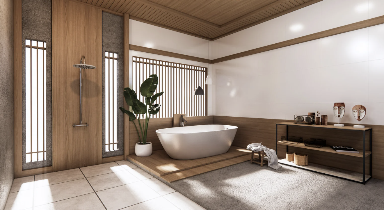 Ein modernes Badezimmer mit Badewanne, Pflanzen, Holzdekor und Dekorationsgegenständen.