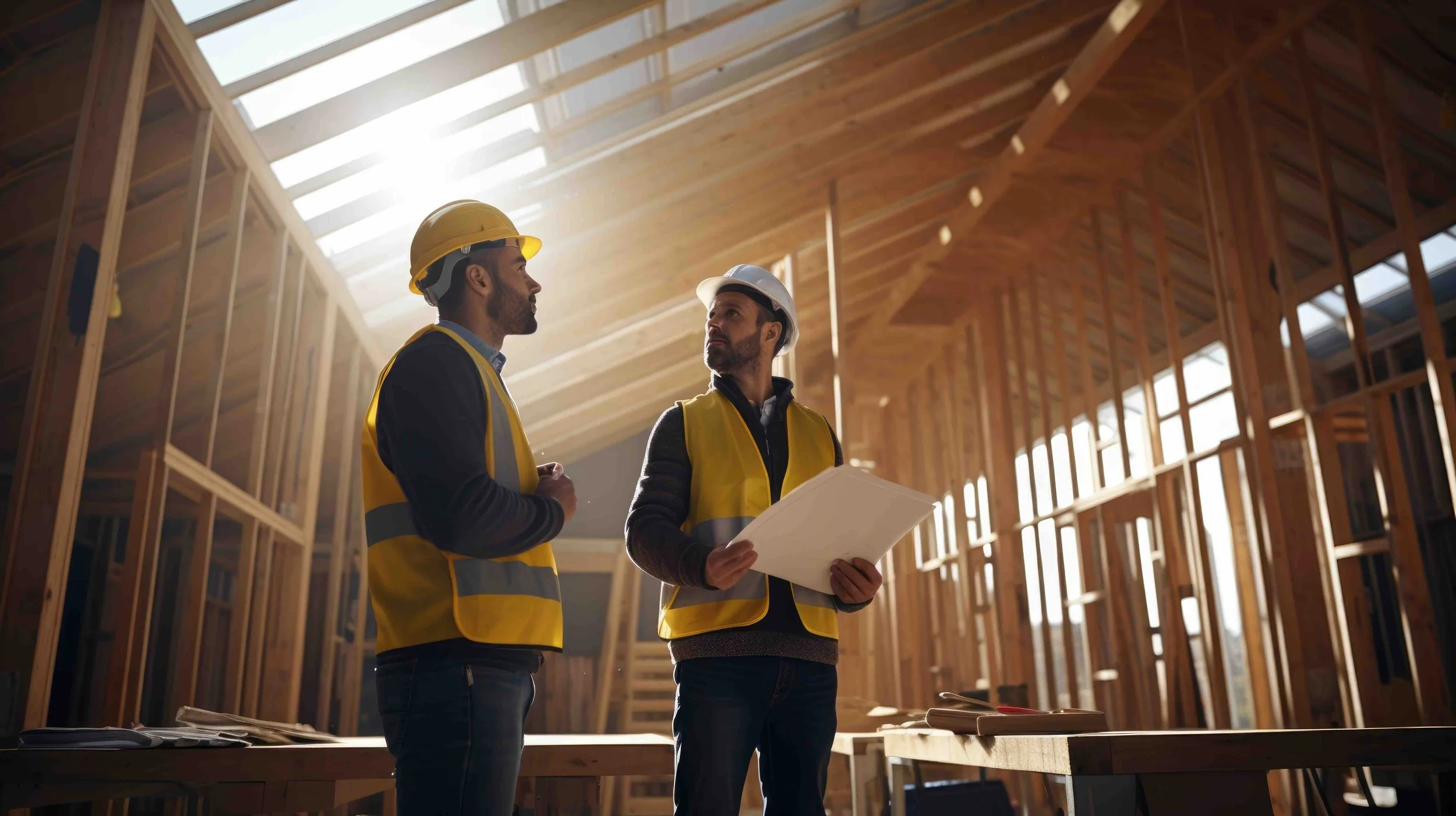 Zwei Bauarbeiter mit Schutzhelmen und Sicherheitshandschuhen im Holzbau. Sie sprechen in einem Holzrahmenhaus unter Baugerüsten, mit Bauplänen in der Hand.