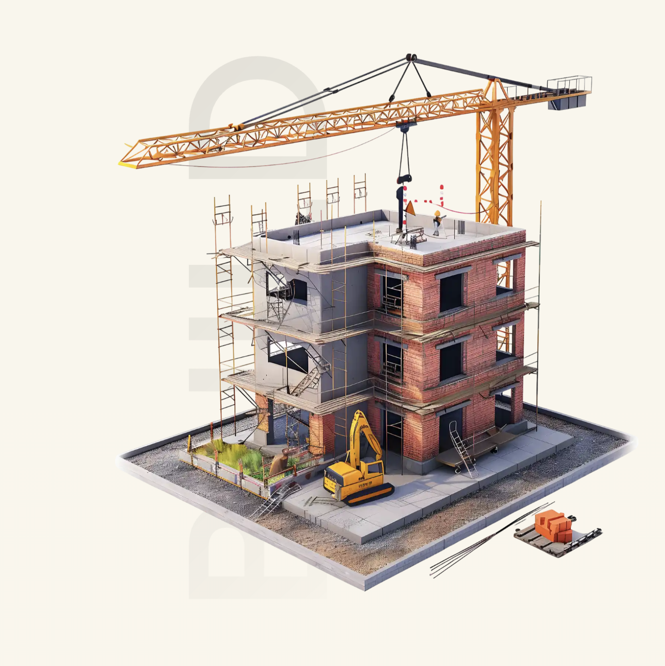 Kleines Detail eines mehrstöckigen Gebäudes im Bau, mit Bauarbeitern, Kran, Baugeräten und Baustellenmaterialien, auf einer Hellbeleuchteten Fläche.