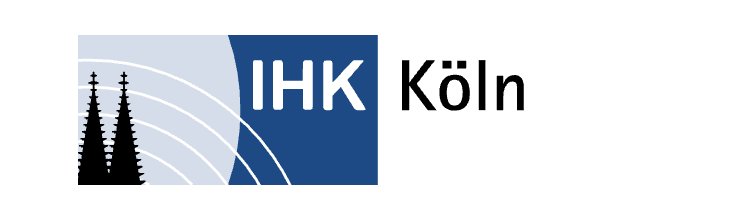 Logo der IHK Köln mit zwei schwarzen Tannenbäumen und blauer, weißer und schwarzer Gestaltung.