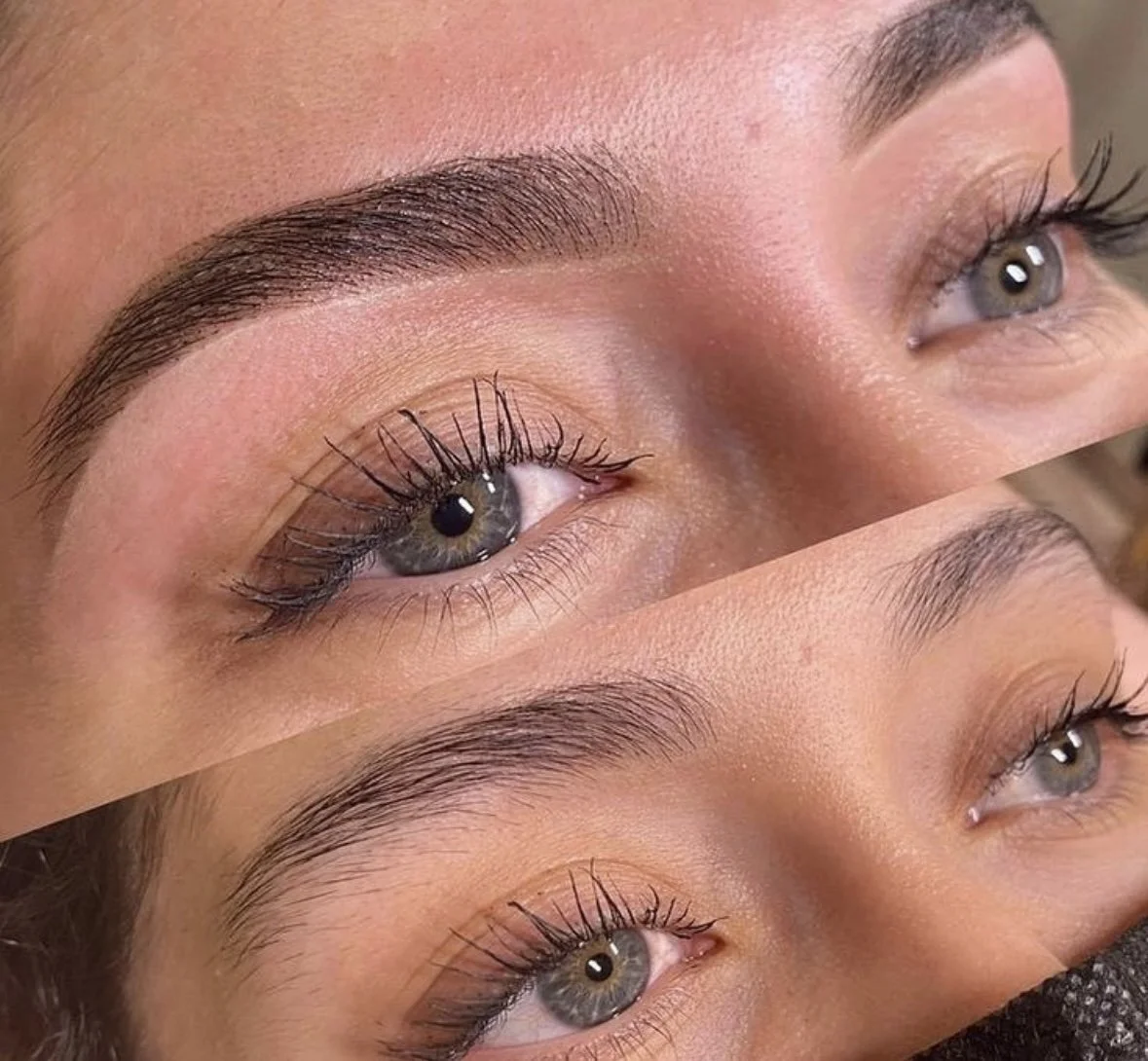 Close-up of three different sets of eyes with various eyebrow and eyelash styles, showcasing makeup and grooming differences.