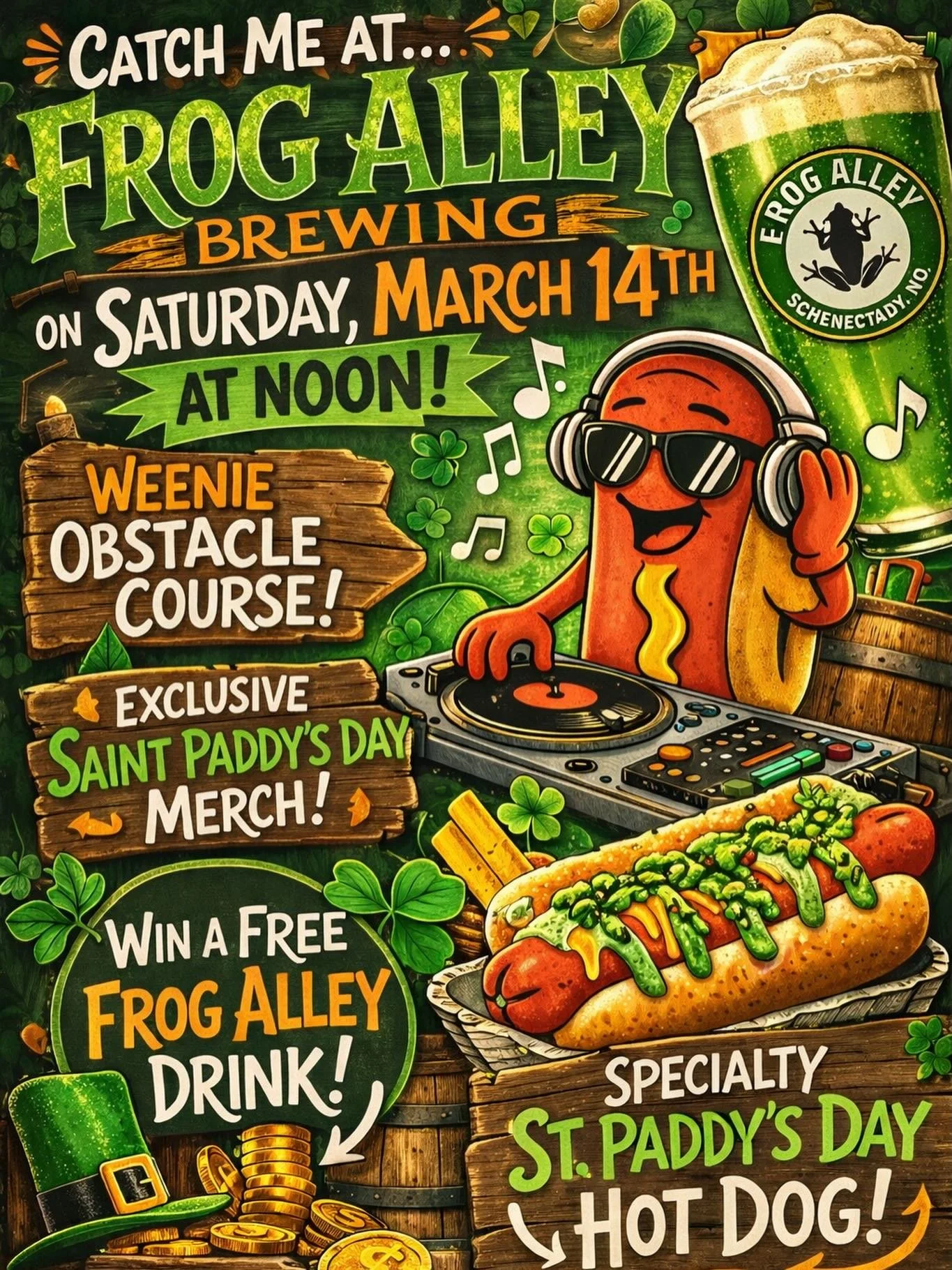 🍀 Today is March 9th&hellip; you know what that means?? 👀

Only 5 more days until we celebrate St. Patty&rsquo;s Day on March 14th. 🍻🌈

Time to follow the rainbow to the pot of glizzies. 🌈🌭✨

You better head down to Frog Alley before someone el