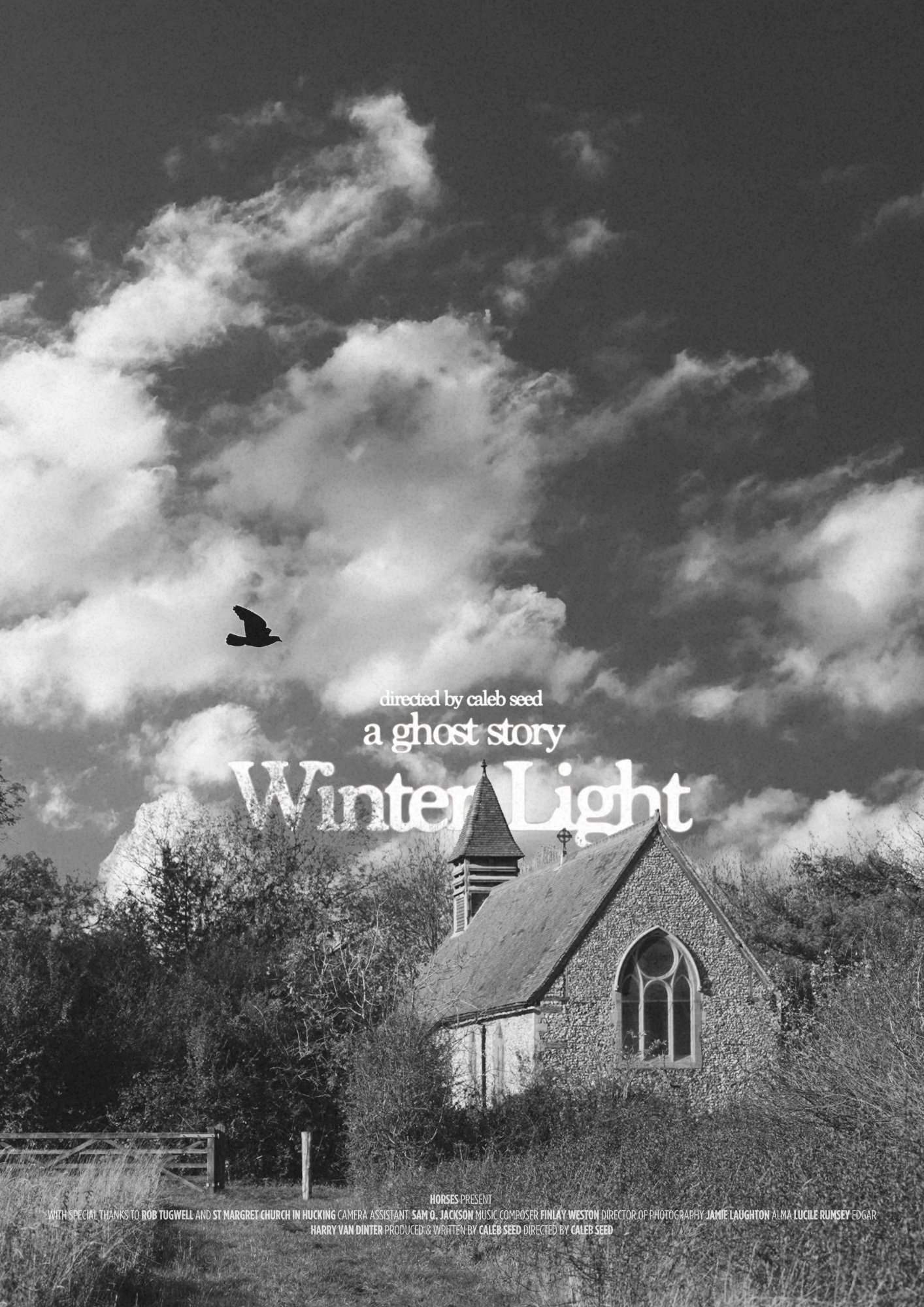 Black and white photo of a church with trees and a cloudy sky in the background. There is a bird flying in the sky. Text overlay mentioning 'Winter Light' and credits.