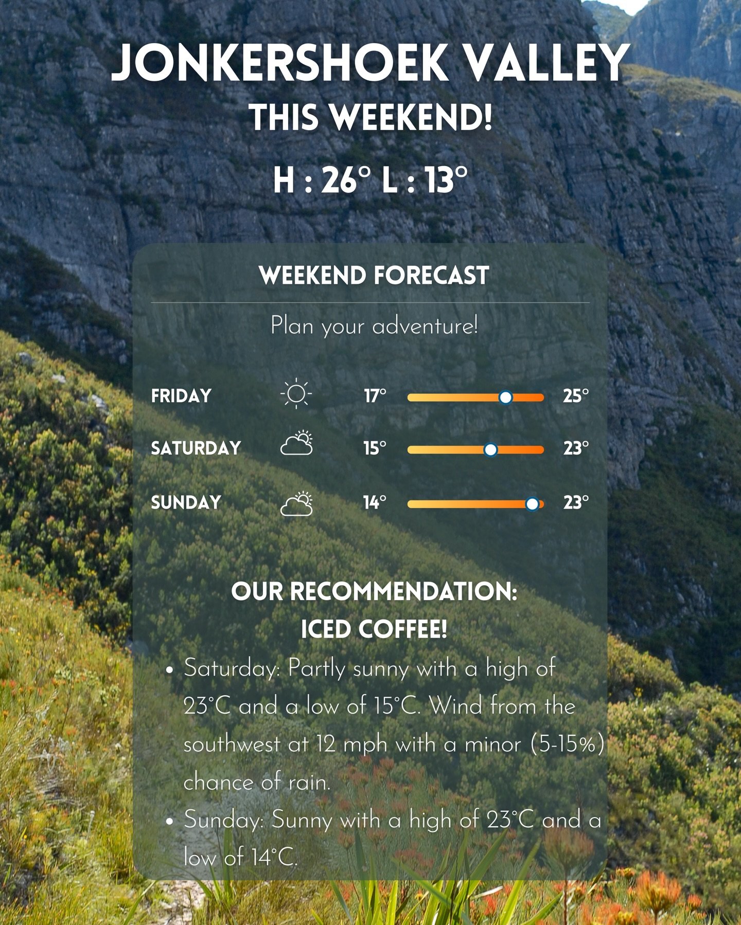 Chasing peaks and clear skies this weekend at Jonkershoek! 🌲⛰️ 

Here is what the mountain has in store for us:

☀️ Friday: Full sun | High 24&deg;C | Low 13&deg;C 
⛅ Saturday: Partly cloudy | High 23&deg;C | Low 15&deg;C 
☀️ Sunday: Pure sunshine |