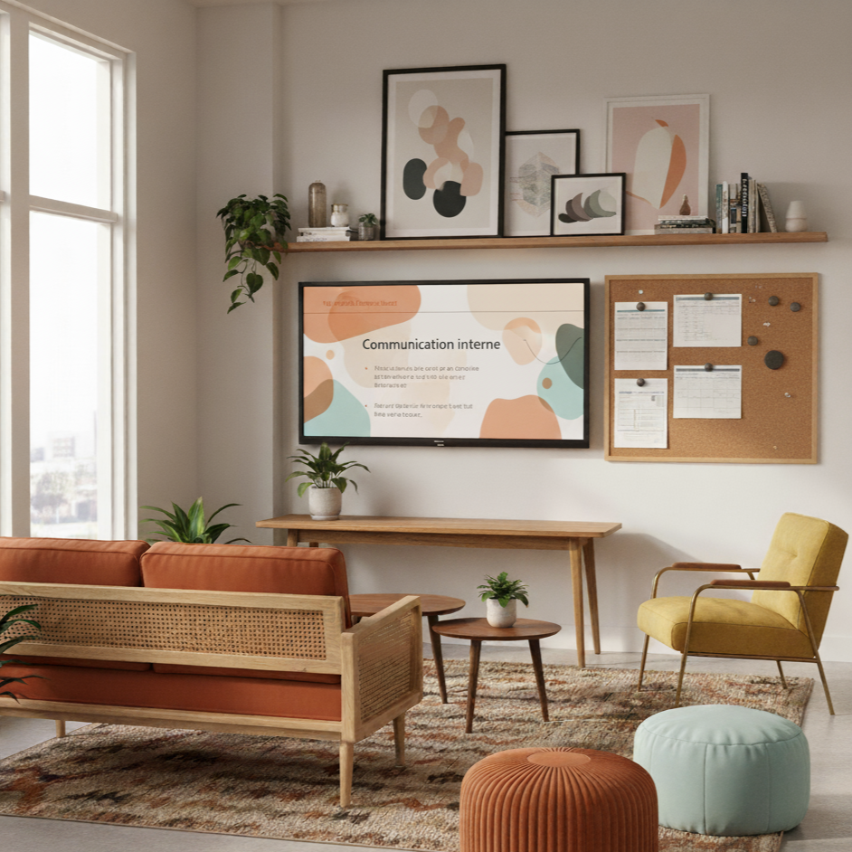 Espace de bureau moderne avec un canapé orange, une chaise jaune, un tapis, et un mur avec un tableau d'affichage et un écran, décoré avec des plantes - M.Lux Interior
