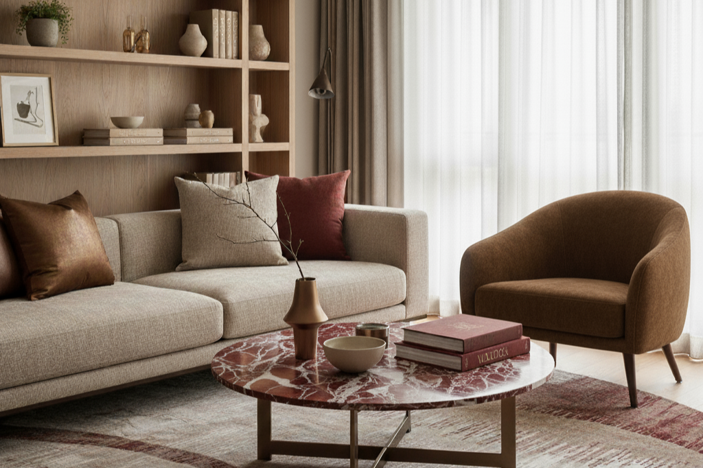 Salon avec canapé beige, fauteuil marron, étagère en bois avec des décorations, et table basse en marbre rouge avec des livres et des vases - M.Lux Interior