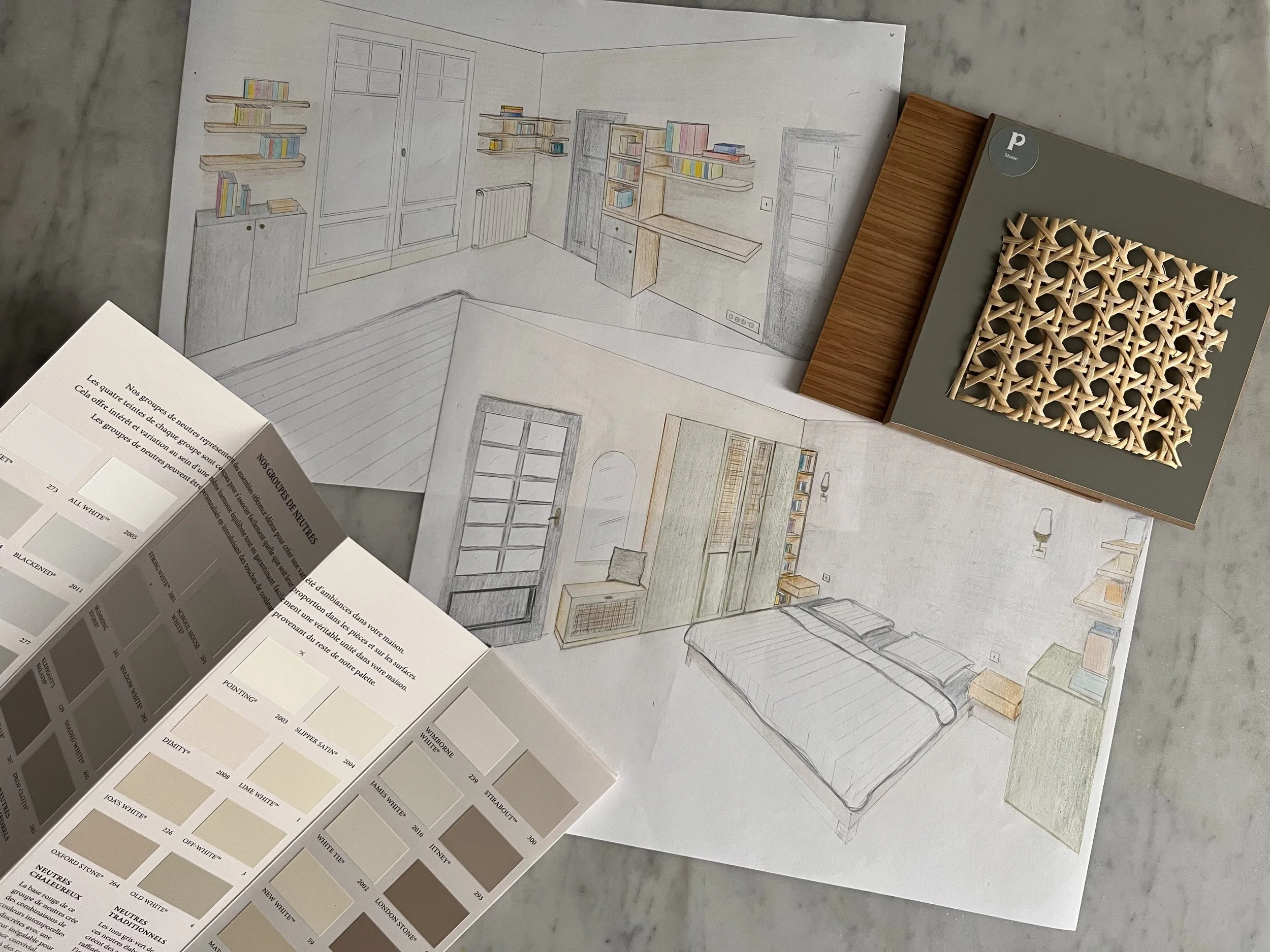 Dessins à la mains croquis esquisses de la chambre parentale - projet Chaville - M.Lux Interior