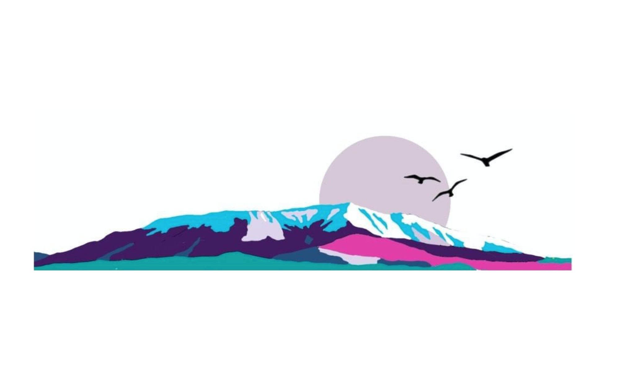 Stylized illustration of a mountain with snow, set against a sky with a large moon or sun, and three flying birds.