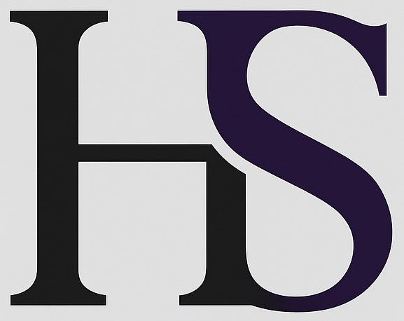 Close-up of the black letters 'H' and the navy blue letter 'S' on a white background.