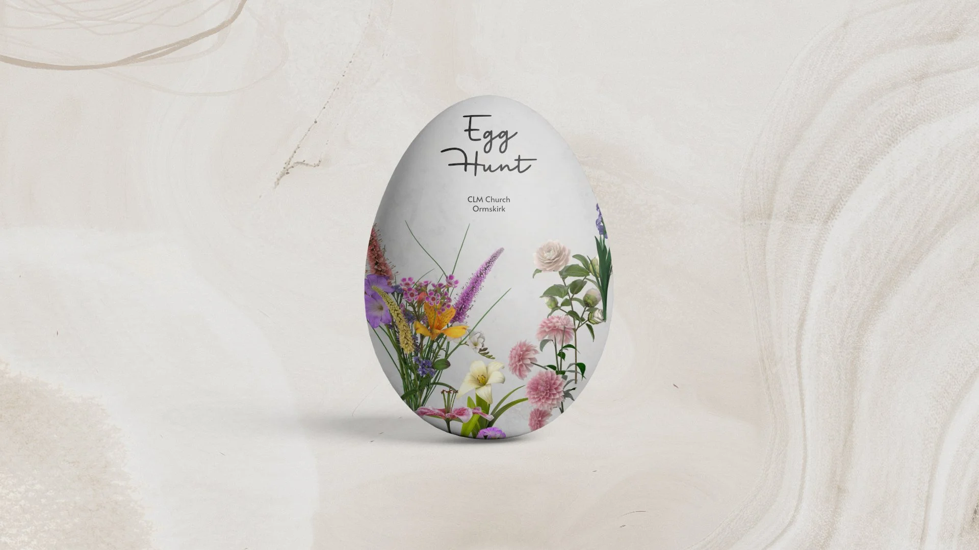An egg-shaped sign with the words 'Egg Hunt' and 'CLM Church Ormskirk' written on it, decorated with colorful flowers including pink dahlias, purple irises, and white lilies.
