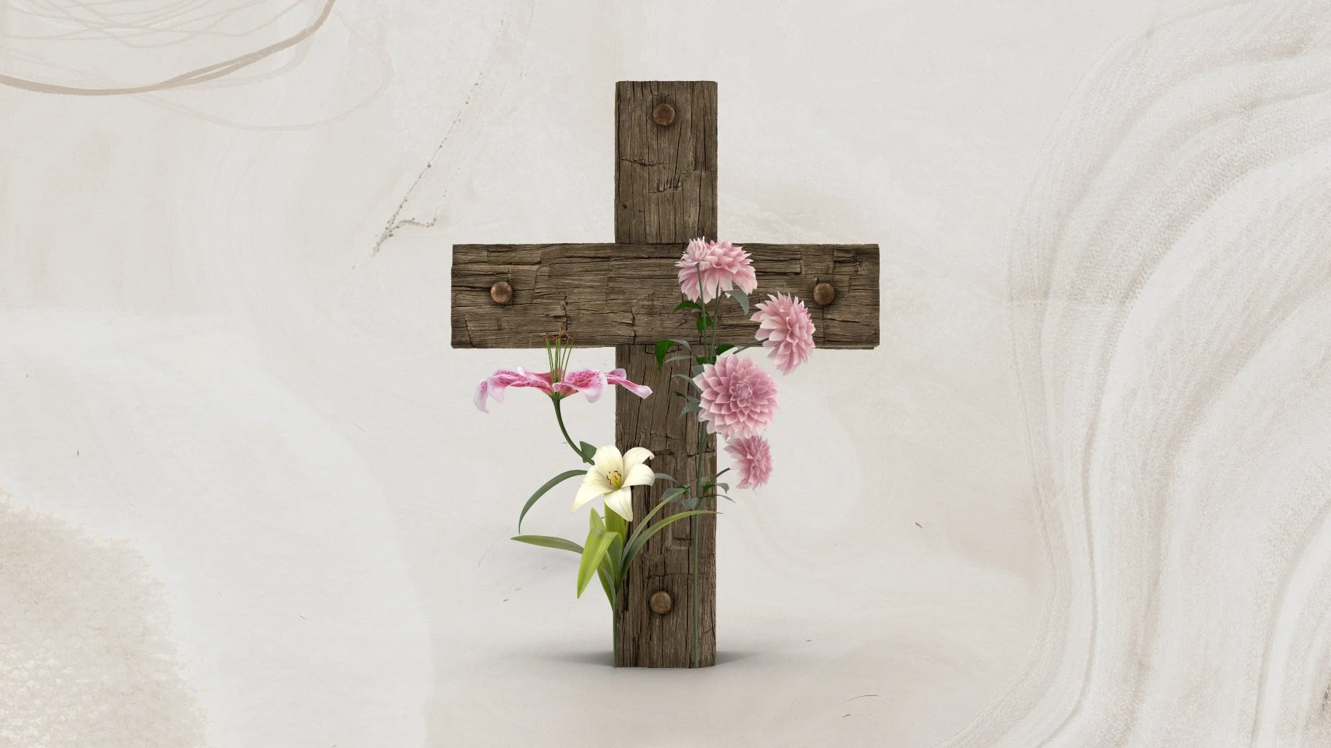 A wooden cross with flowers, including lilies and dahlias, attached to it, set against a plain light background.
