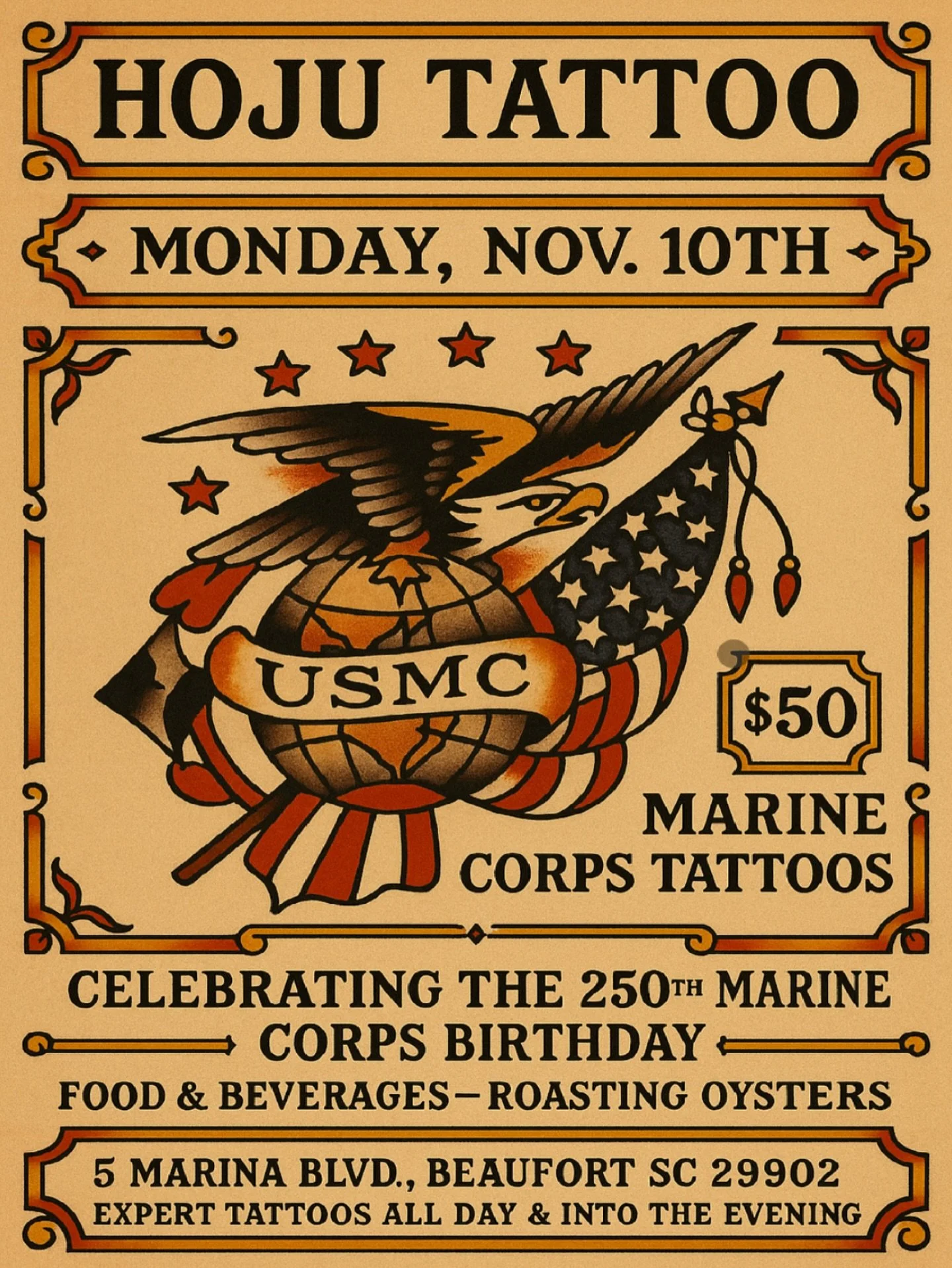 Get ready to celebrate the Marine Corps birthday with us this Monday Nov.10th! Enjoy food, beverages, and delicious local oysters courtesy of @birdislandoysterco. Plus, score discounted USMC tattoos starting at 10am and all evening long. Drop by for 