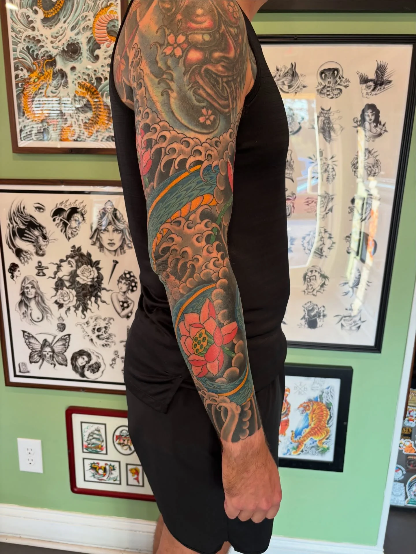Finished sleeve work by (minus existing Hannya mask) @justinjohnson_tattoos 
Stop by Tuesday thru Saturday 10am til 6pm
to consult with him and get on his books&hellip;
5 Marina Blvd
Beaufort, SC  29902
(843)379-4600

.
.
.
#beaufortsc #parrisisland 