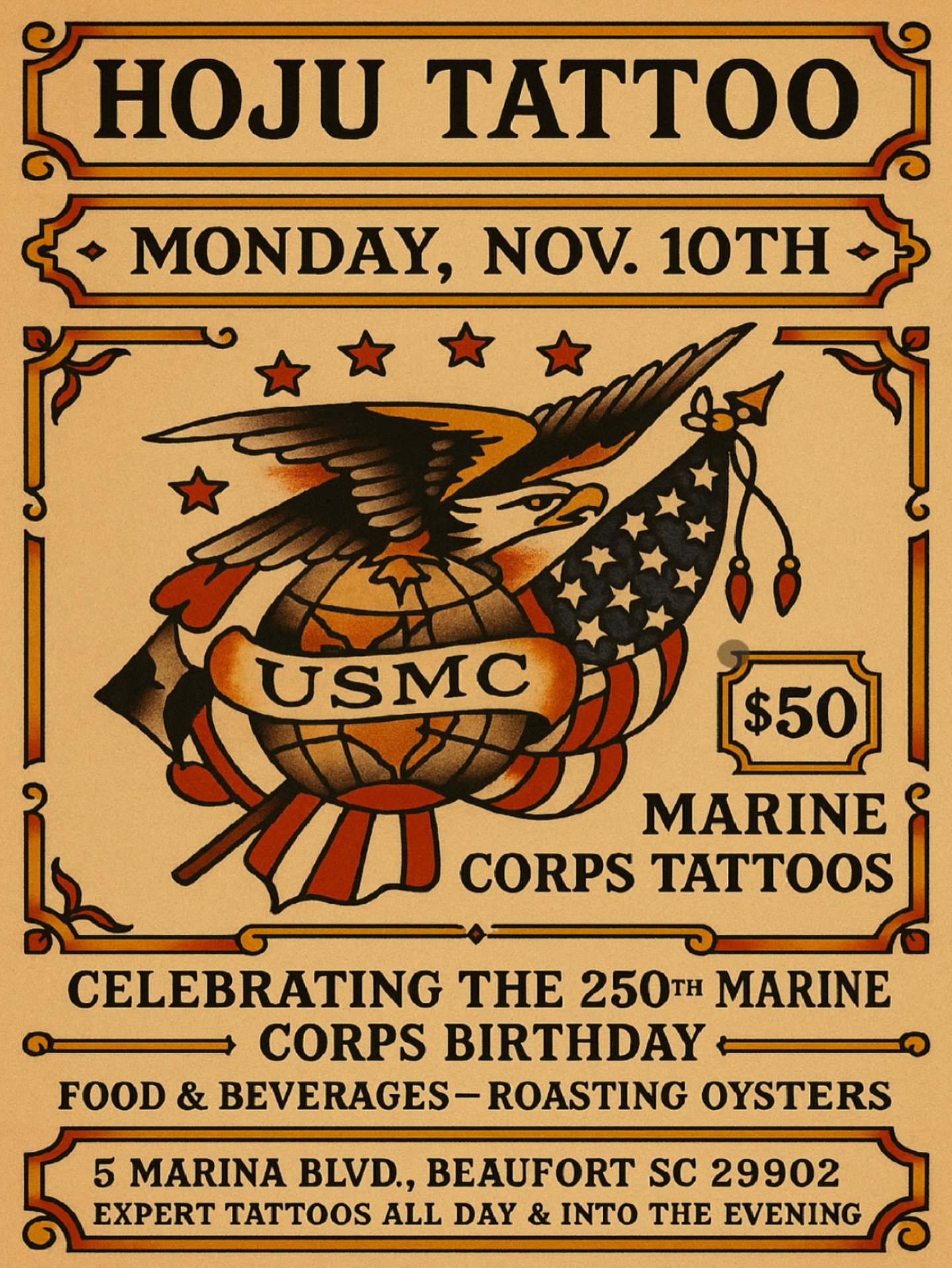 Get ready to celebrate the Marine Corps birthday with us this Monday Nov.10th! Enjoy food, beverages, and delicious local oysters courtesy of @birdislandoysterco. Plus, score discounted USMC tattoos starting at 10am and all evening long. Drop by for 