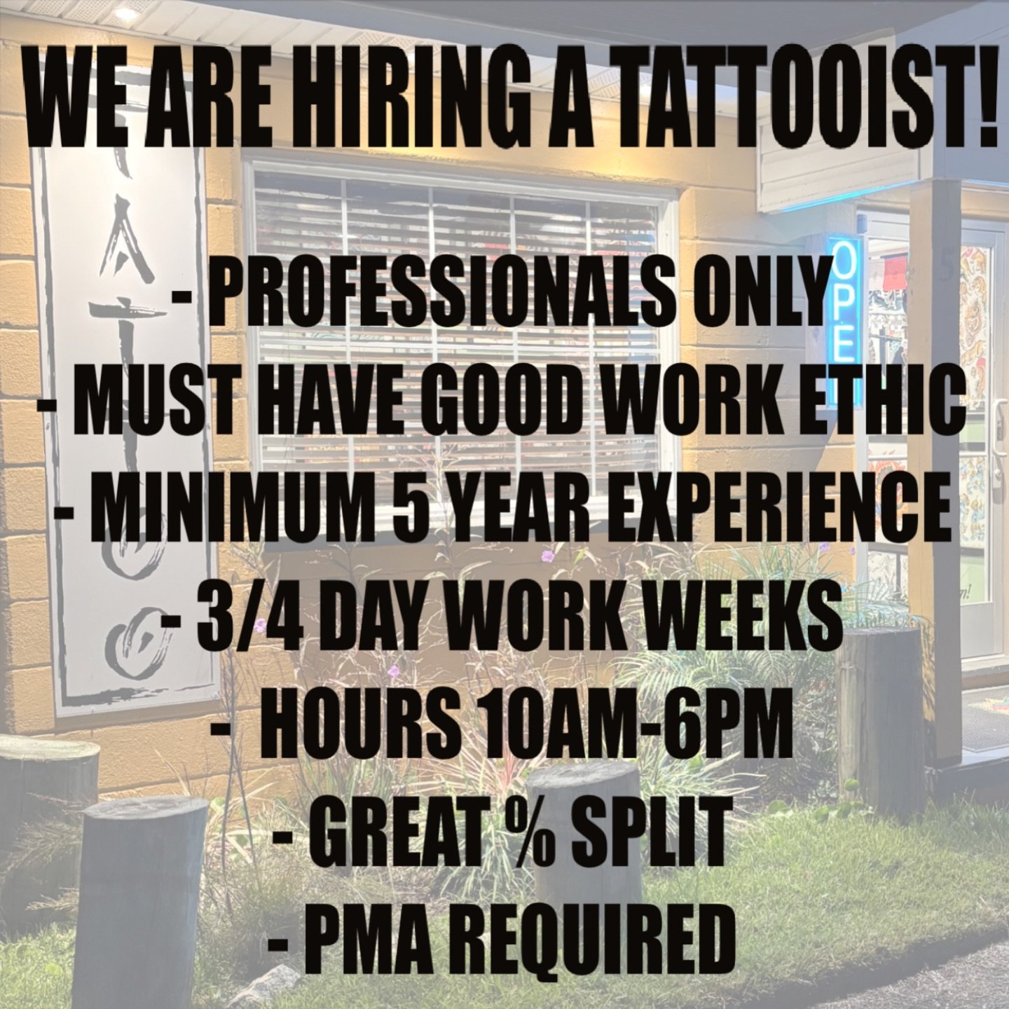 We are looking for the right fit to fill gaps in the shops open schedule. We are in no rush as it must be the right person. Please email hojutattoos@gmail.com with link to portfolio or swing by the shop 🤙