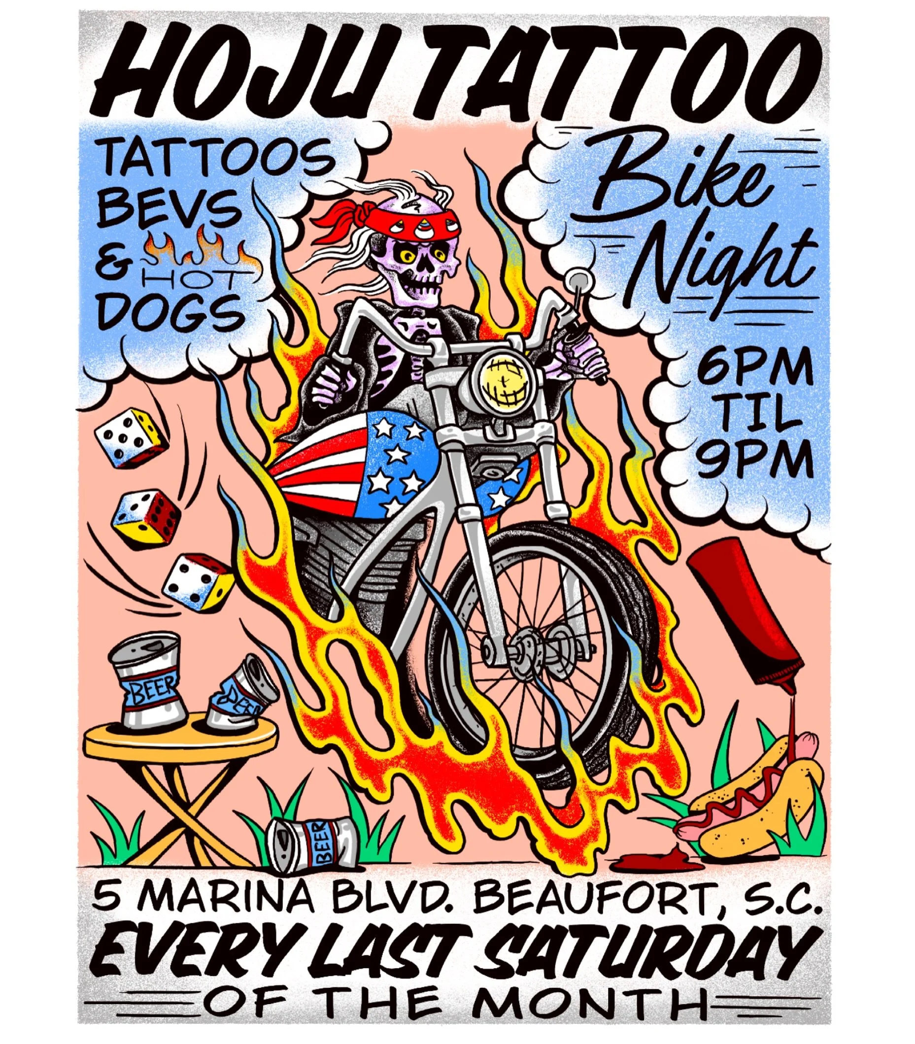 BIKE NIGHT IS REVVING UP THIS SATURDAY!!! (weather permitting, fingers crossed). We&rsquo;re talking every last Saturday of the month, all summer and fall long. GOOD TIMES! 6pm til 9pm. Tattooing, bevs and hot dogs!
5 Marina Blvd
Beaufort, SC 29902
